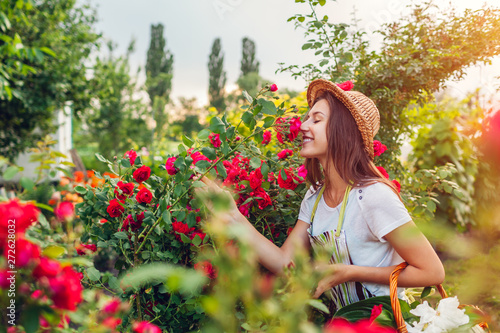 Young woman gathering flowers in garden. Girl smelling and admiring roses. Gardening concept