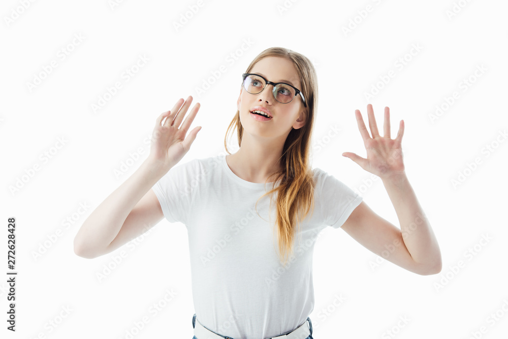 curious teenage girl in glasses gesturing isolated on white curious teenage girl in glasses gesturing isolated on white