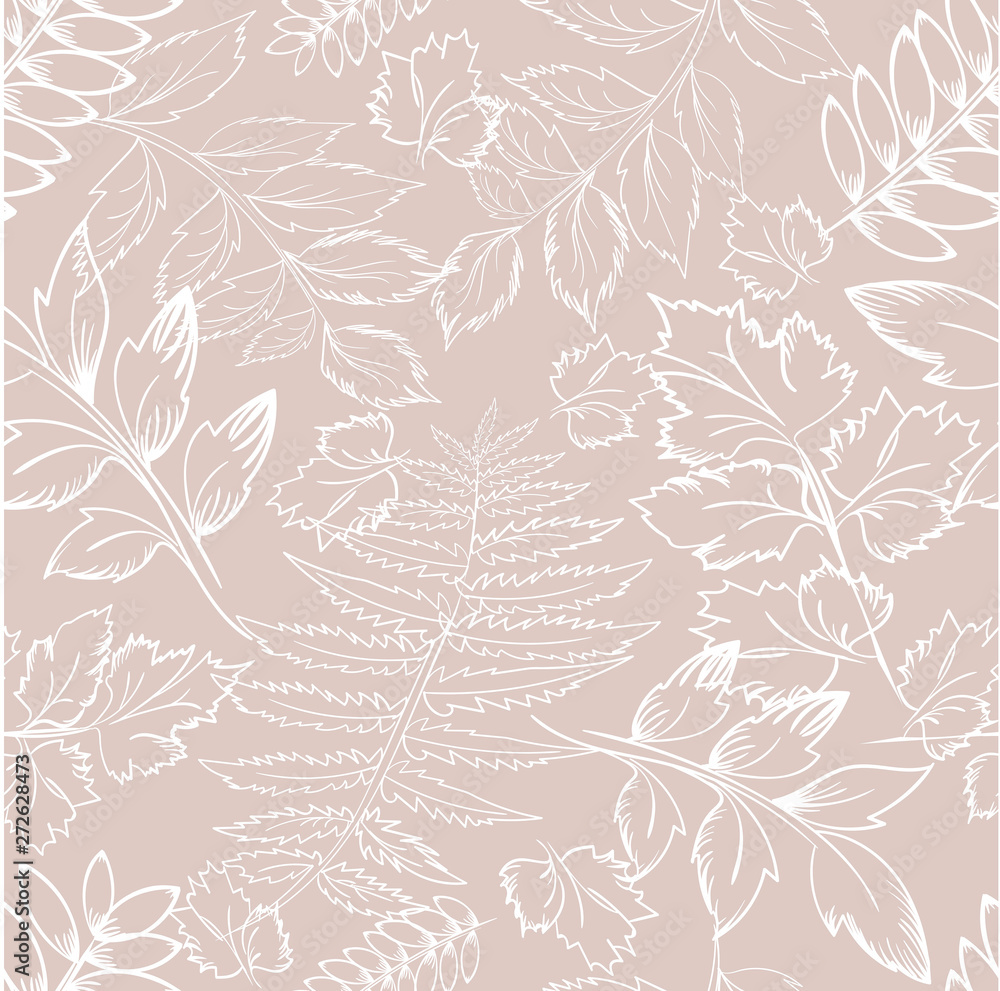 Fototapeta premium Floral pattern with leaves outline branches on beige. Background with foliage, petals for wrapping paper, textile, card, web. illustration