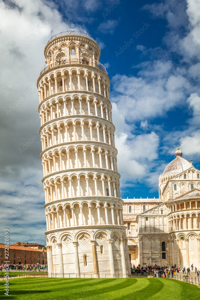 The Leaning Tower of Pisa in Square of Miracles at sunny day, Tuscany region, Italy.