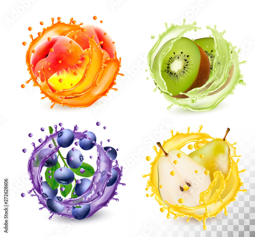 Set of fruit juice splash in a glasses. Strawberry, guava, mint, lime, raspberry, peach, grapefruit and blackberry. Vector