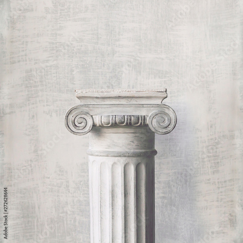 Stone column on light gray background. Close-up, copy space, front view, toned, square format