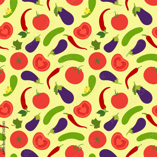 Vegetables seamless pattern. Tomato, cucumber, pepper, chili and eggplant. Paprika. Hand drawn doodle vector sketch. Healthy food collection. Vegetarian product