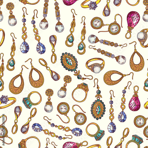 Jewelry seamless pattern. Vector earrings and rings background. Illustration of jewelry fashion, precious expensive accessory