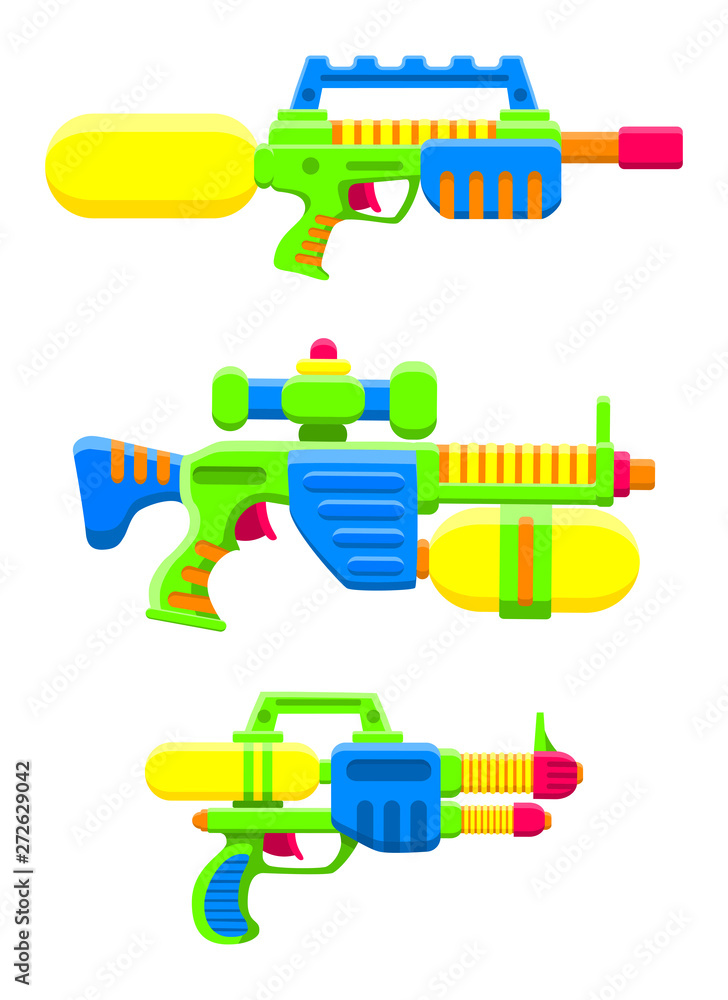 Water guns set. Bright multi-colored children s toys. Isolated object. Flat vector illustration on white background Water guns set. Bright multi-colored children s toys. Isolated object. Flat vector illustration on white background