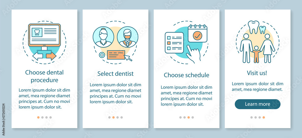 Fototapeta premium Dental clinic appointment onboarding mobile app page screen with linear concepts