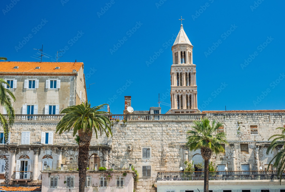Split, Croatia, walls of palace of Roman emperor Diocletian, world heritage site, tower of cathedral in background