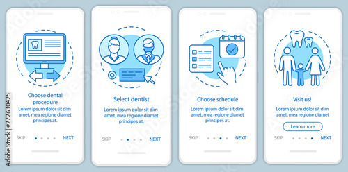 Dental clinic appointment onboarding mobile app page screen with linear concepts