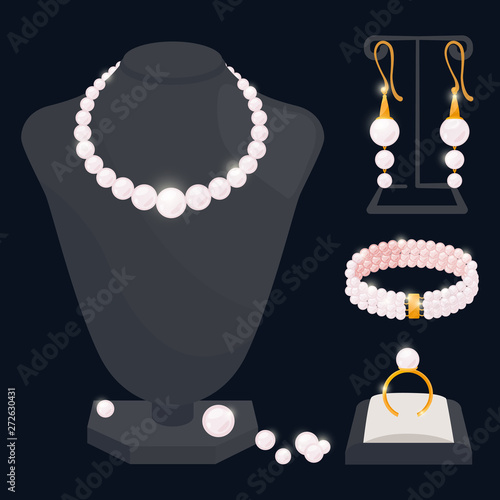 Pearl jewerly vector collection - necklace, earrings, ring and bracelet. Jewelry necklace, ring and earrings, bracelet from pearls illustration