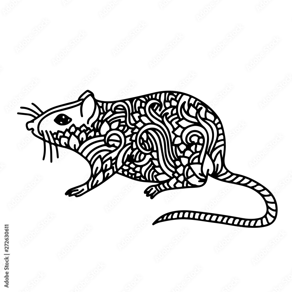 Fototapeta premium Rat sign. Chinese Happy new year 2020. Black and white holiday sketch. Vector illustration.