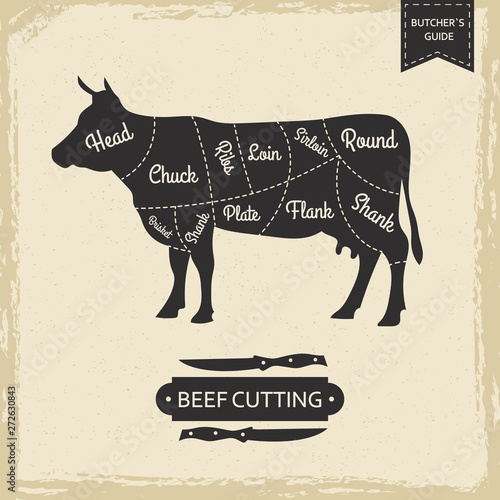 Butchers library vintage page - beef cutting vector poster design. Illustration of butchery scheme, food for cooking diagram