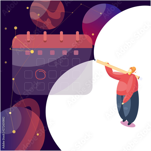 Planning schedule concept. Man is planning his work system to organize the daily routine. Calendar scheduling for the whole year. Flat vector illustration
