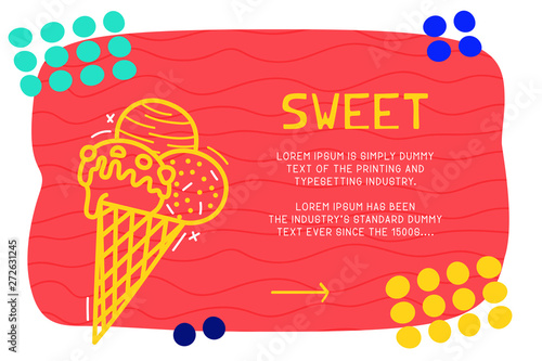 Abstract landing page pattern with different element, text block and doodle ice cream icon. Vector fun background