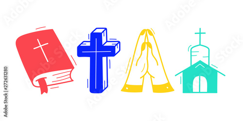 Cute Hand Drawn Christian Theme Doodle Collection In White Isolated Background