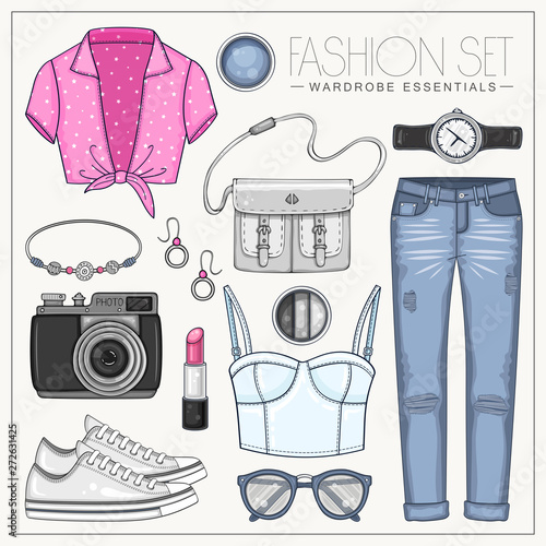 Woman fashion summer set with tops, bag, photo camera, sunglasses and jeans