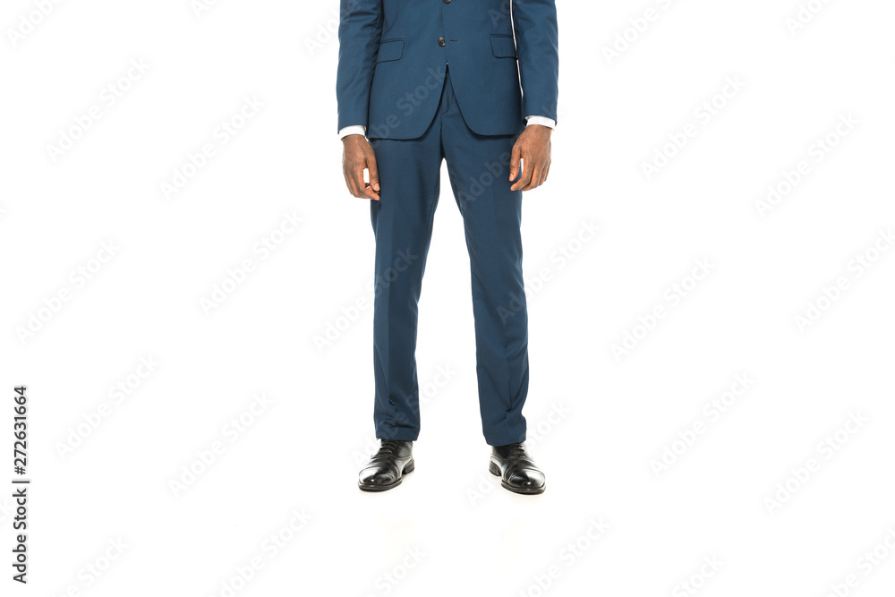 cropped view of african american man standing in suit isolated on white cropped view of african american man standing in suit isolated on white