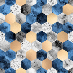 Crédence de cuisine Hexagone patrons Hexagones marbre bleu profond doré  © Tamiris