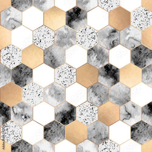 Seamless abstract geometric pattern with gold foil, gray marble and watercolor hexagons