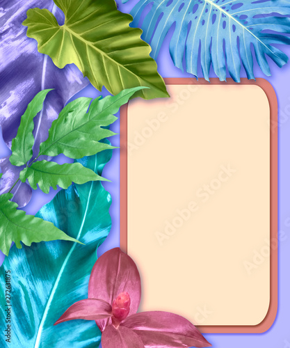 Vertical invitation card set with tropical leaves. Can be used as a postcard or background.