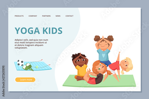 Yoga kigs characters. Kids sport and yoga training vector landing page template. Illustration of fitness kid yoga, meditation and balance