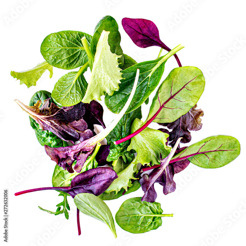 Salad mix with rucola, frisee, radicchio, chard and lamb's lettuce. Green salad Isolated on white background photo