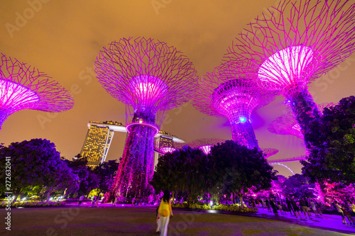 SINGAPORE - APRIL 25 2019 : Singapore Night Skyline at Gardens by the Bay. SuperTree Grove under Blue Night Sky in Singapore. Cityscape and city skyline in Singapore.