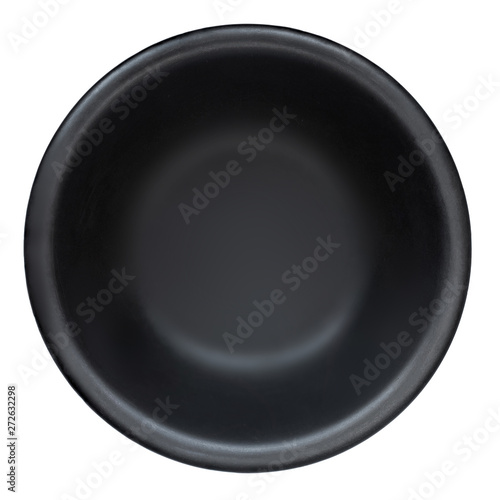 Black plate isolated on white background. Top view of empty Round stone  plate