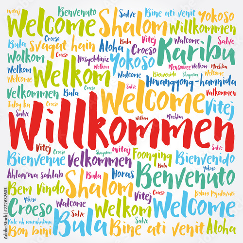 Willkommen (Welcome in German) word cloud in different languages, conceptual background