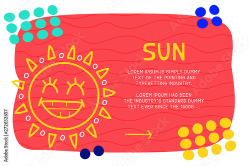 Abstract landing page pattern with different element, text block and doodle sun icon. Vector fun background