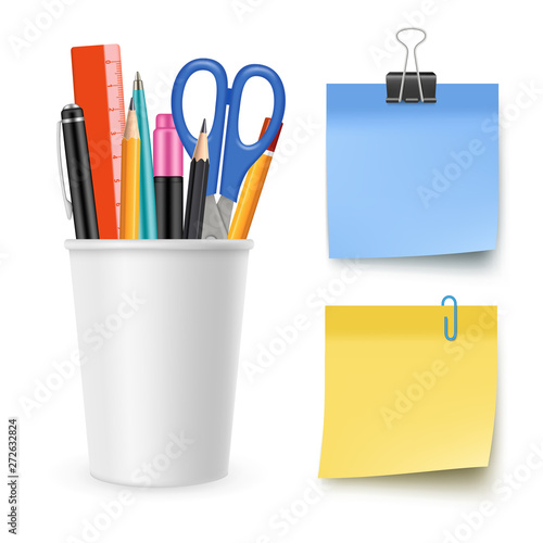 Realistic vector stationery collection. Pencil, pen, scissors, note paper. Stationery tools, realistic office supplies illustration