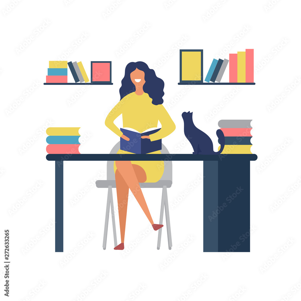 Reading book hobbies. Woman sitting at table and reading magazine vector concept. Girl sitting at table and education with book illustration Reading book hobbies. Woman sitting at table and reading magazine vector concept. Girl sitting at table and education with book illustration