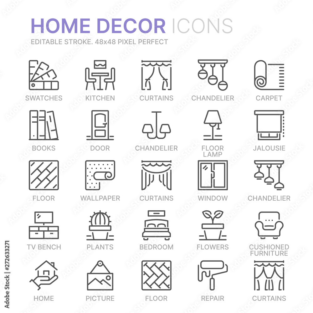 Collection of home decor related line icons. 48x48 Pixel Perfect. Editable stroke