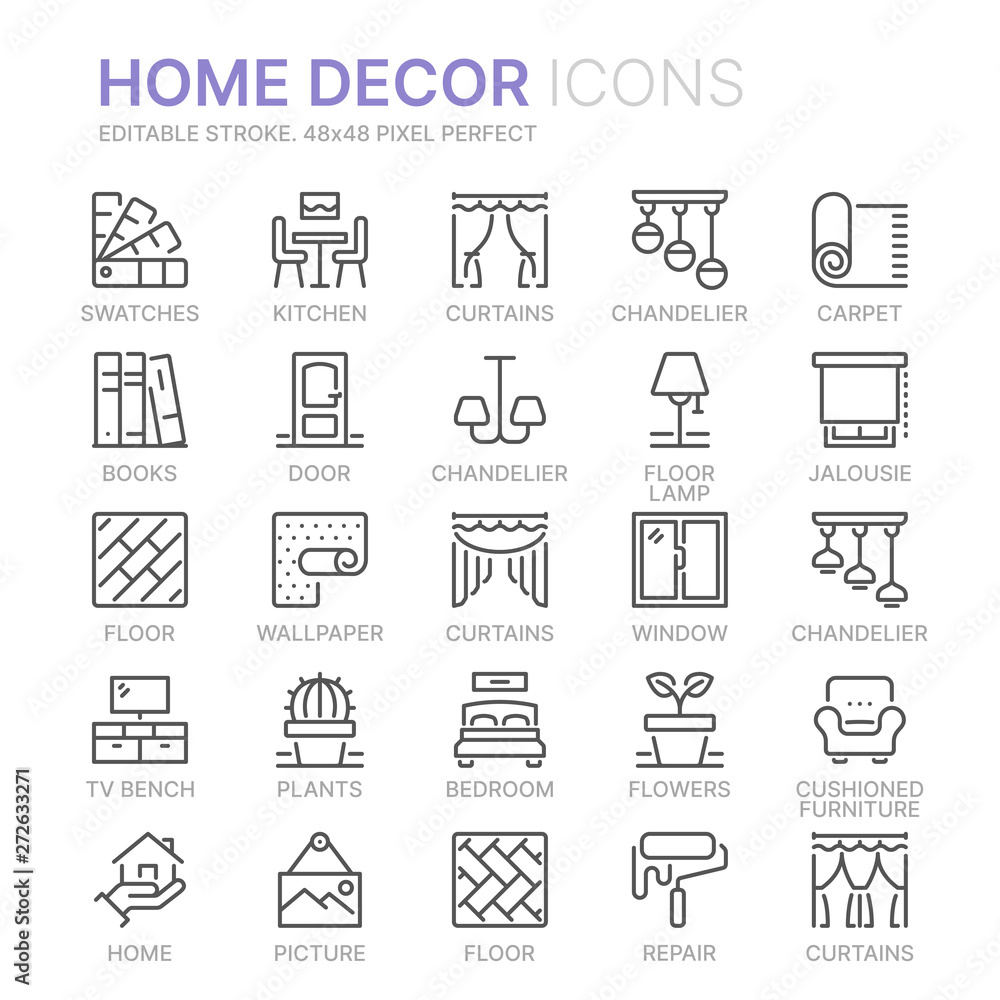 Fototapeta premium Collection of home decor related line icons. 48x48 Pixel Perfect. Editable stroke