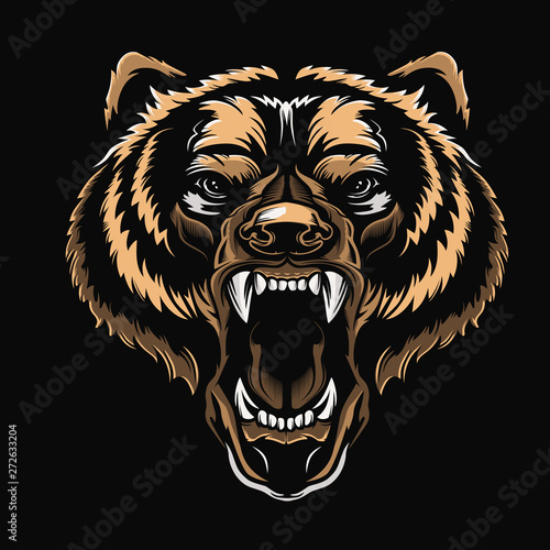 Angry bear face vector illustration. Furious angry face of bear with open mouth and terrible teeth as symbol of strength and aggressiveness. Grunge style  print for sport wear.