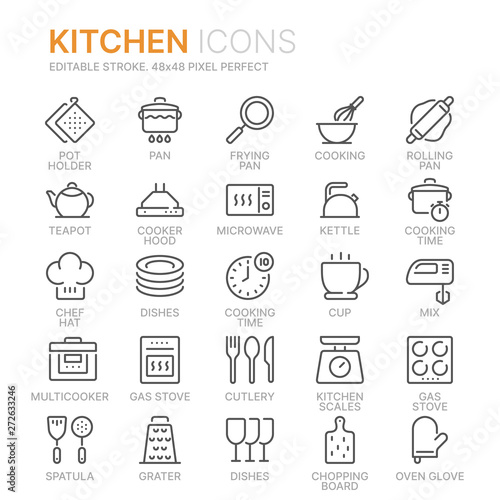 Collection of kitchen related line icons. 48x48 Pixel Perfect. Editable stroke