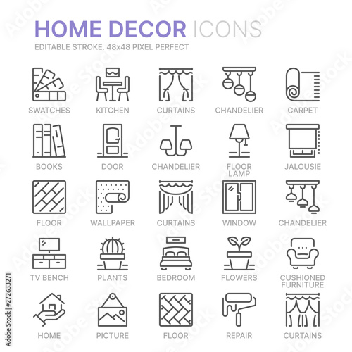 Collection of home decor related line icons. 48x48 Pixel Perfect. Editable stroke