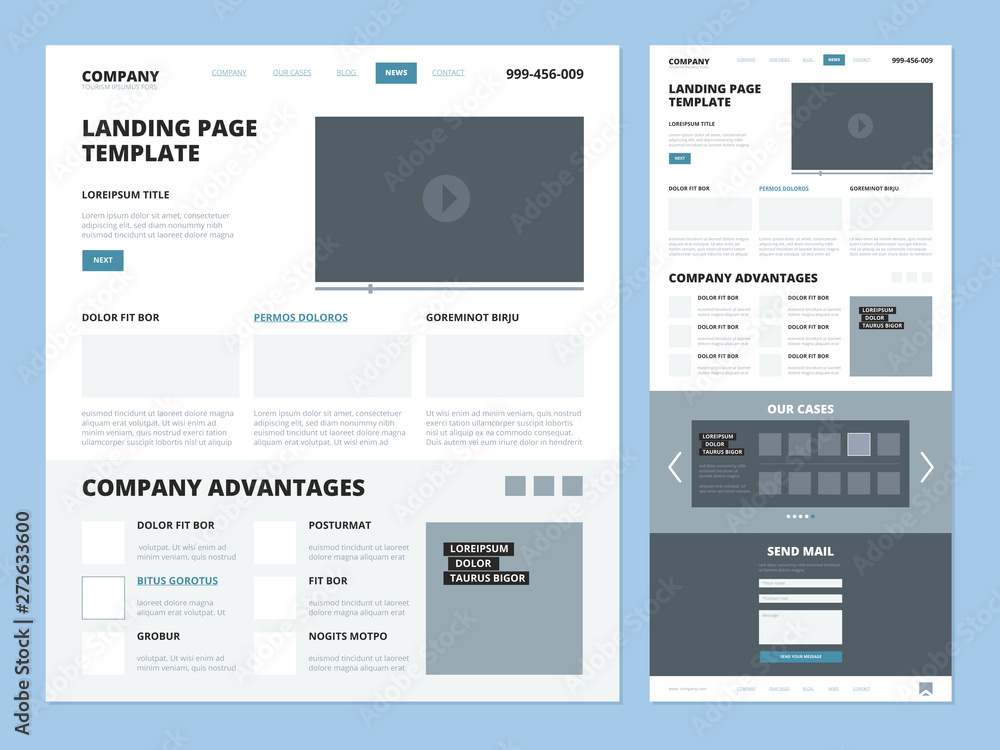 Landing page template. Website layout design elements footer header menu navigation wireframe for internet pages vector ui landing. Wireframe site and navigation page interface menu illustration