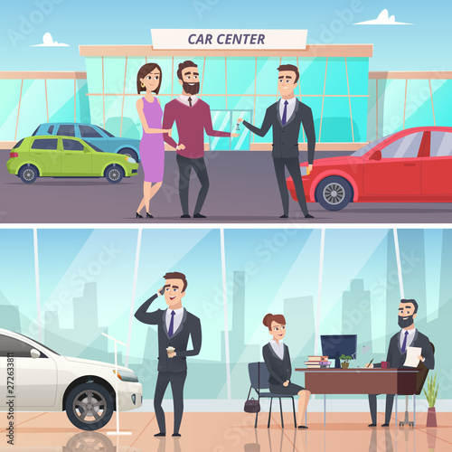 Buying car. Sell and rent auto in car exhibition advertising banners concept vector characters. Illustration of auto buy, new automobile
