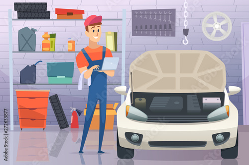 Mechanic in garage. Auto service man fixing repairing vehicle vector cartoon background. Illustration of auto mechanic repair vehicle, service car garage