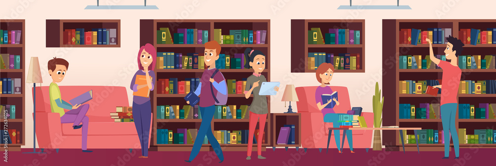 Library background. Kids students choosing books on the shelves in biblioteca vector cartoon illustrations. Interior library, student study and read book