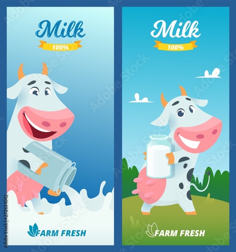 Milk banners. Cartoon funny cow advertising illustration with farm concept vector pictures. Illustration of milk and cow cattle, agriculture farm product