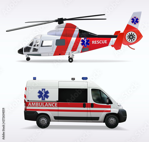 Ambulance helicopter and ambulance car. air and ground transportation to transport injured and sick people to the hospital. Isolated objects on white background. Vector illustration.