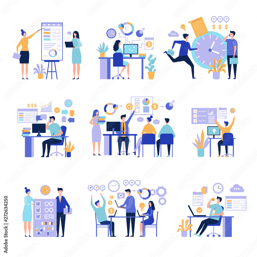 Effective management. Organizing work processes with tasks on project board activities business people vector concept. Illustration of business effective working organization, development partnership