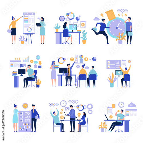 Effective management. Organizing work processes with tasks on project board activities business people vector concept. Illustration of business effective working organization, development partnership