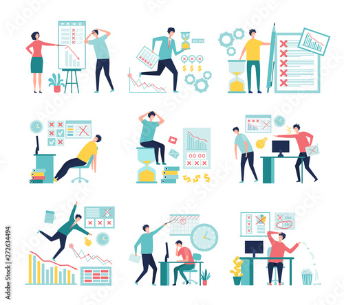 Business fail. Lossing managers bad management processes failed paperwork low graphs and indicators vector concept. Illustration of business fail and crisis, financial bankruptcy and depression