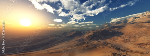 Desert at sunset, sand dunes under the sun, sky with clouds over the desert