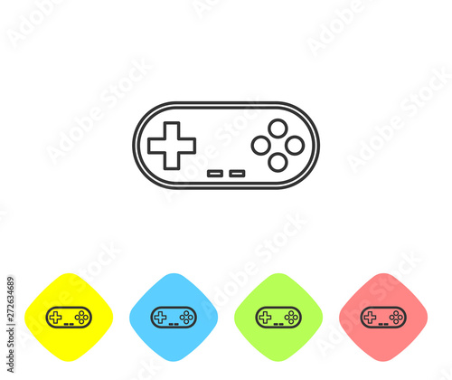 Grey Gamepad line icon isolated on white background. Game controller. Set icon in color rhombus buttons. Vector Illustration