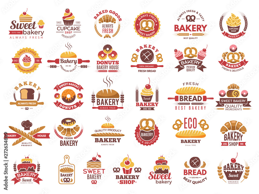 Colored bakery labels. Vintage food logos with cooking pastry symbols vector collection. Illustration of bakery food logo, emblem and label cake