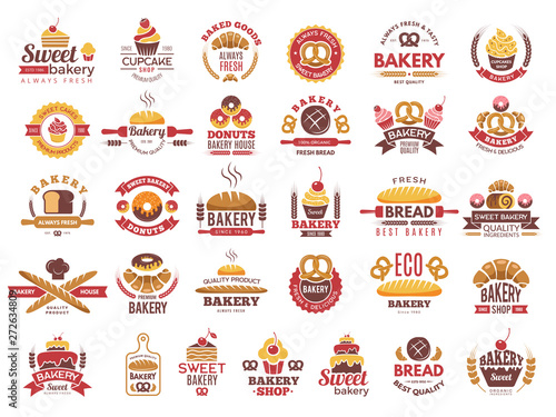 Colored bakery labels. Vintage food logos with cooking pastry symbols vector collection. Illustration of bakery food logo, emblem and label cake