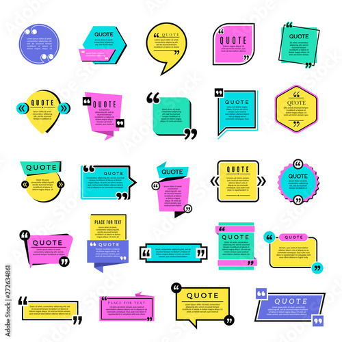 Quote templates. Blog text notes remarks rectangle graphic shapes vector objects. Blog quote note, remark dialog, message speech, comment textbox illustration